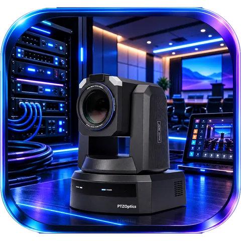 PTZOptics 4K PTZ camera in front of an AV equipment rack and a conference room