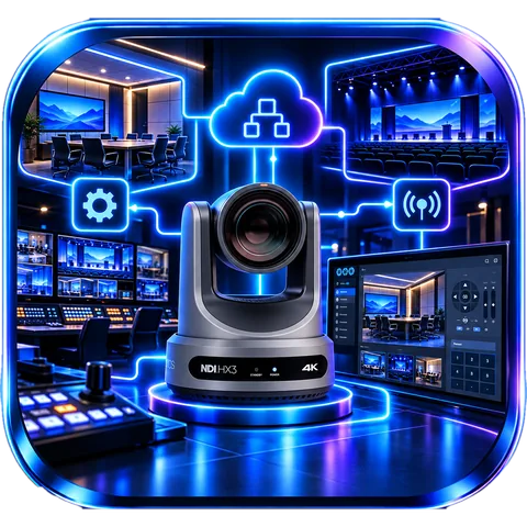 PTZOptics NDI camera connected to rooms, control, cloud and streaming workflows